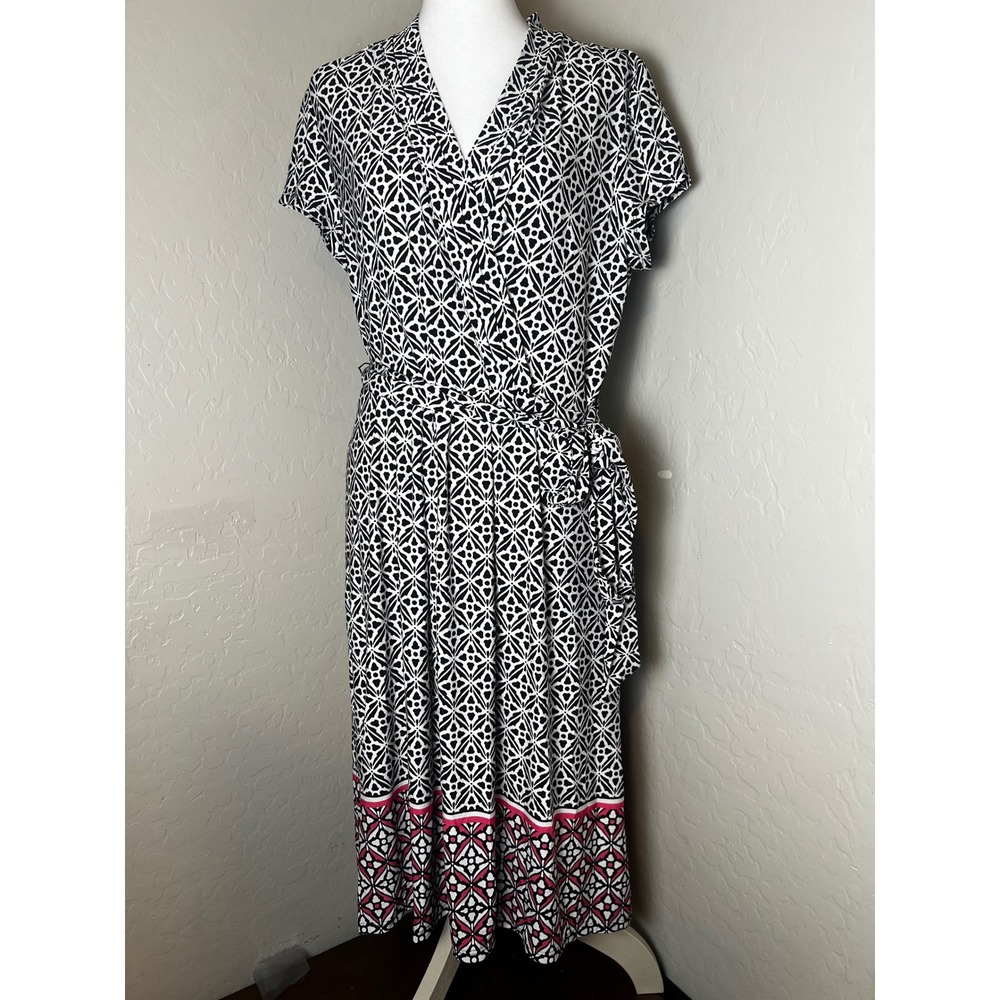 Liz Claiborne Women Black White Geometric Faux Wrap Midi Dress Pink Border Sz 12